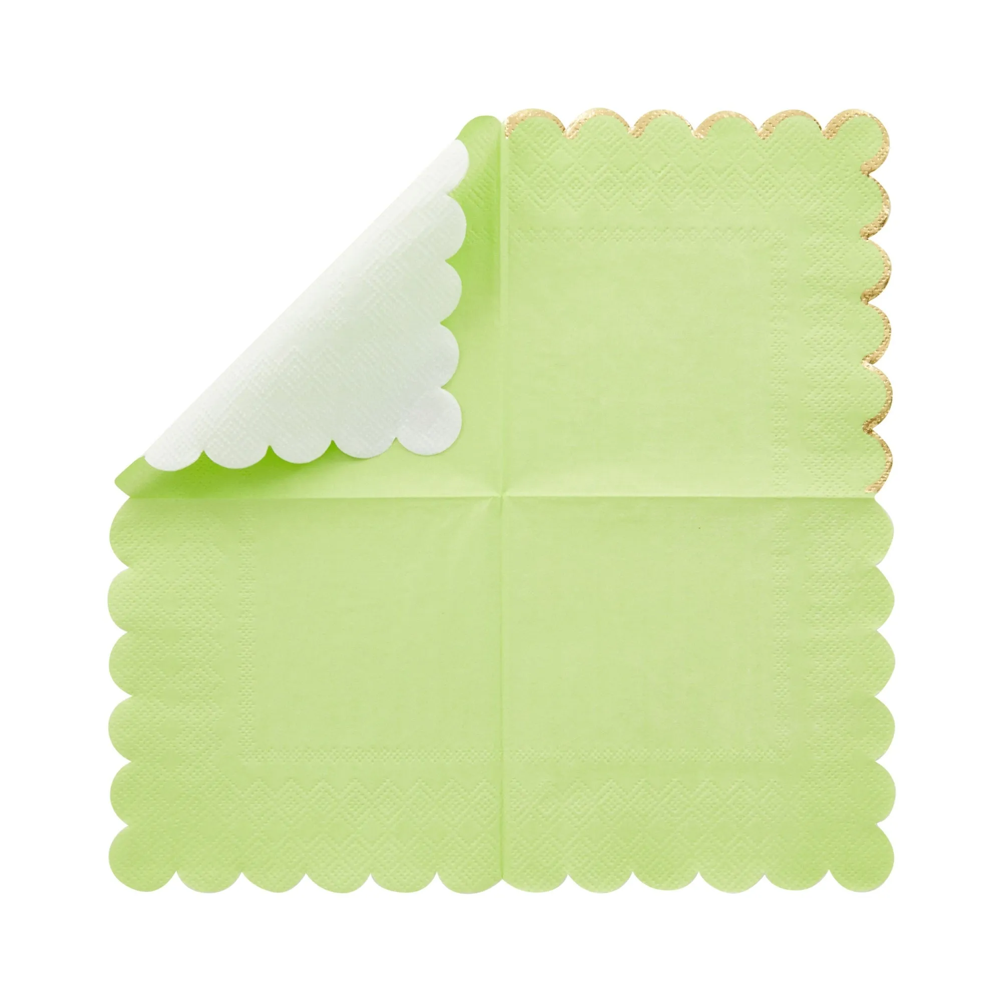 100-Pack Disposable Paper Cocktail Napkins with Scalloped Edges, 5x5-Inch Bulk Serviettes in 4 Shades of Green with Gold Foil Trim