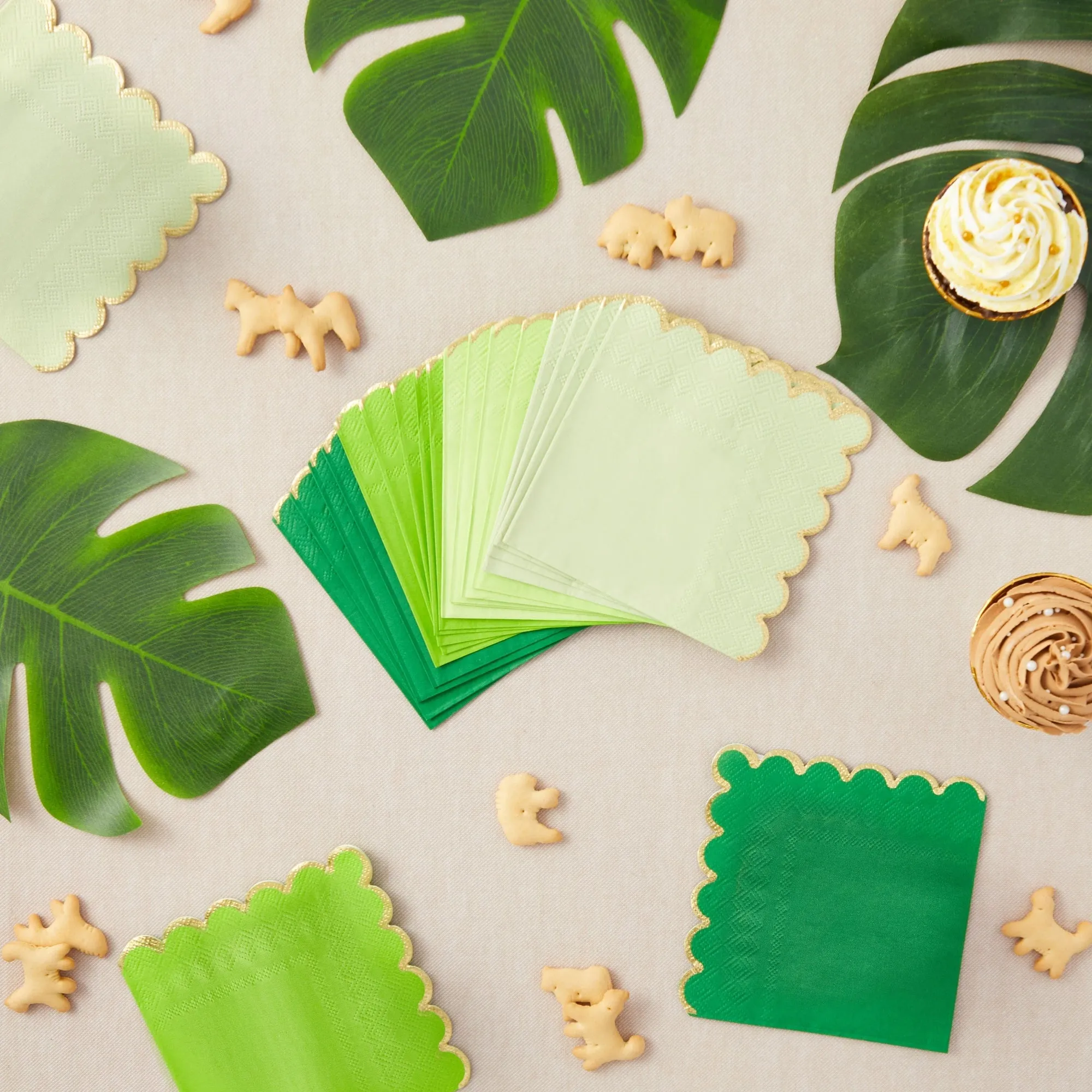 100-Pack Disposable Paper Cocktail Napkins with Scalloped Edges, 5x5-Inch Bulk Serviettes in 4 Shades of Green with Gold Foil Trim