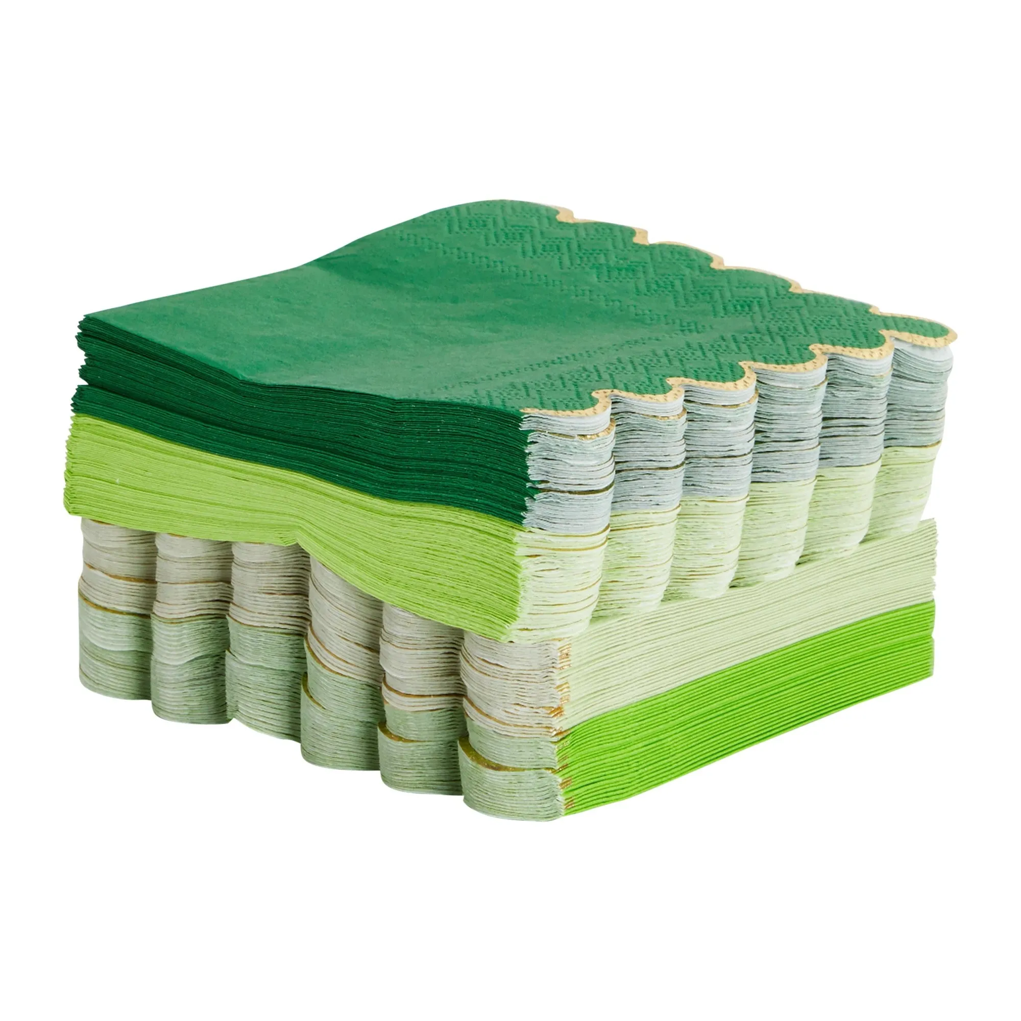 100-Pack Disposable Paper Cocktail Napkins with Scalloped Edges, 5x5-Inch Bulk Serviettes in 4 Shades of Green with Gold Foil Trim
