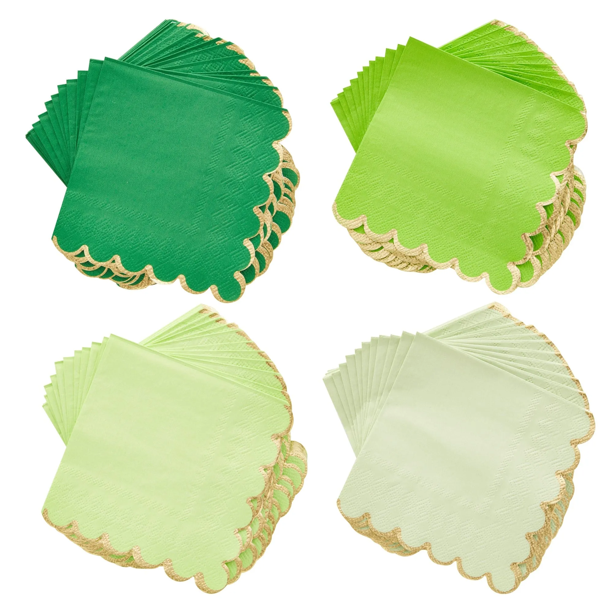 100-Pack Disposable Paper Cocktail Napkins with Scalloped Edges, 5x5-Inch Bulk Serviettes in 4 Shades of Green with Gold Foil Trim