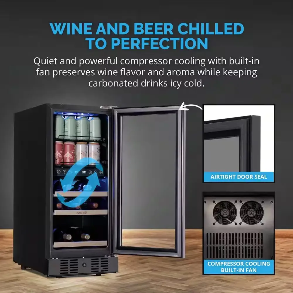 15 In. Dual Zone 13 Wine Bottles 48 Cans Beverage and Wine Cooler Refrigerator Fridge in Black Stainless Steel