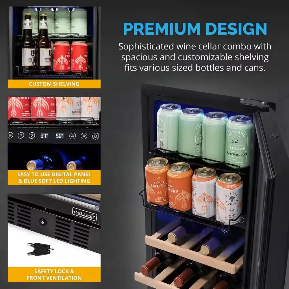 15 In. Dual Zone 13 Wine Bottles 48 Cans Beverage and Wine Cooler Refrigerator Fridge in Black Stainless Steel