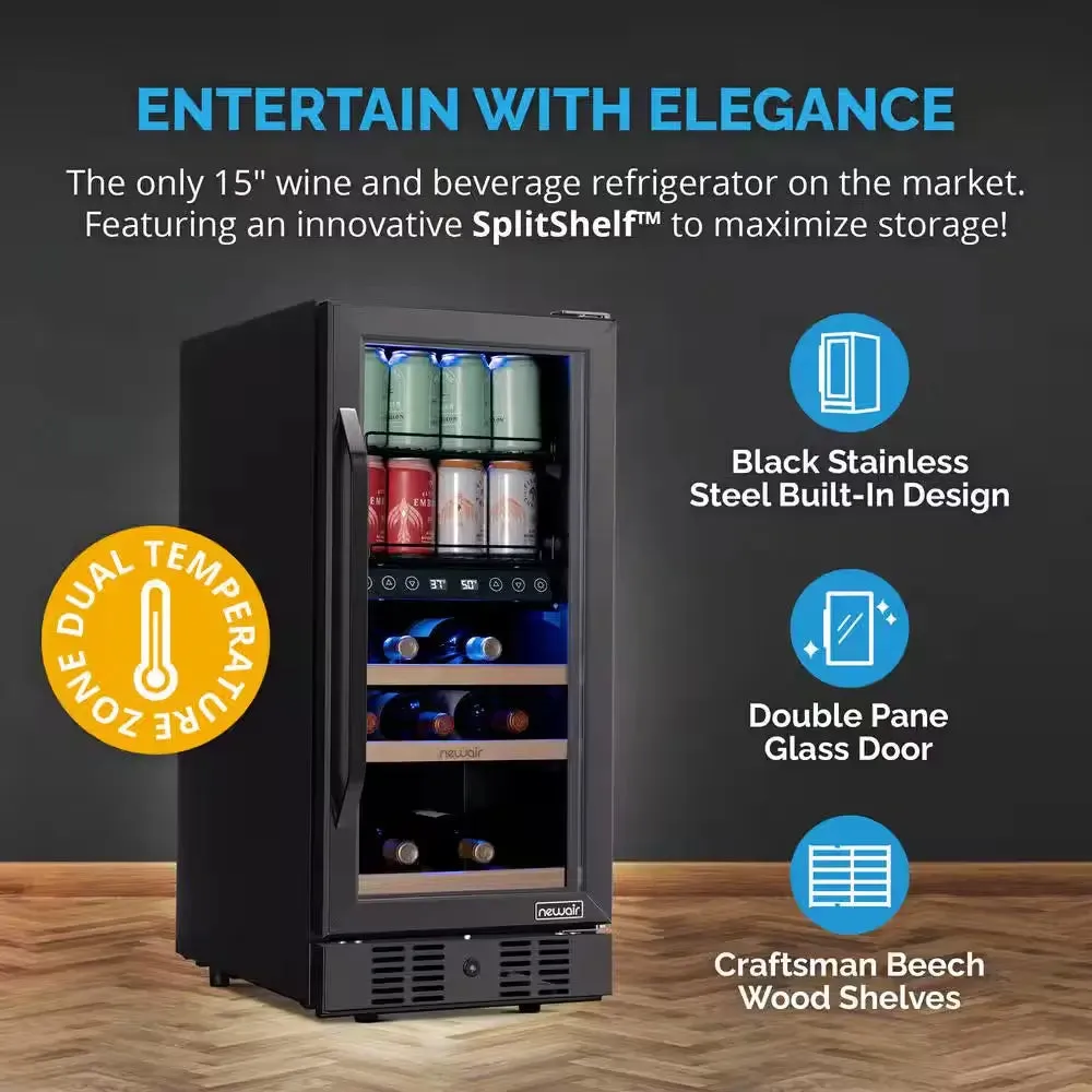 15 In. Dual Zone 13 Wine Bottles 48 Cans Beverage and Wine Cooler Refrigerator Fridge in Black Stainless Steel