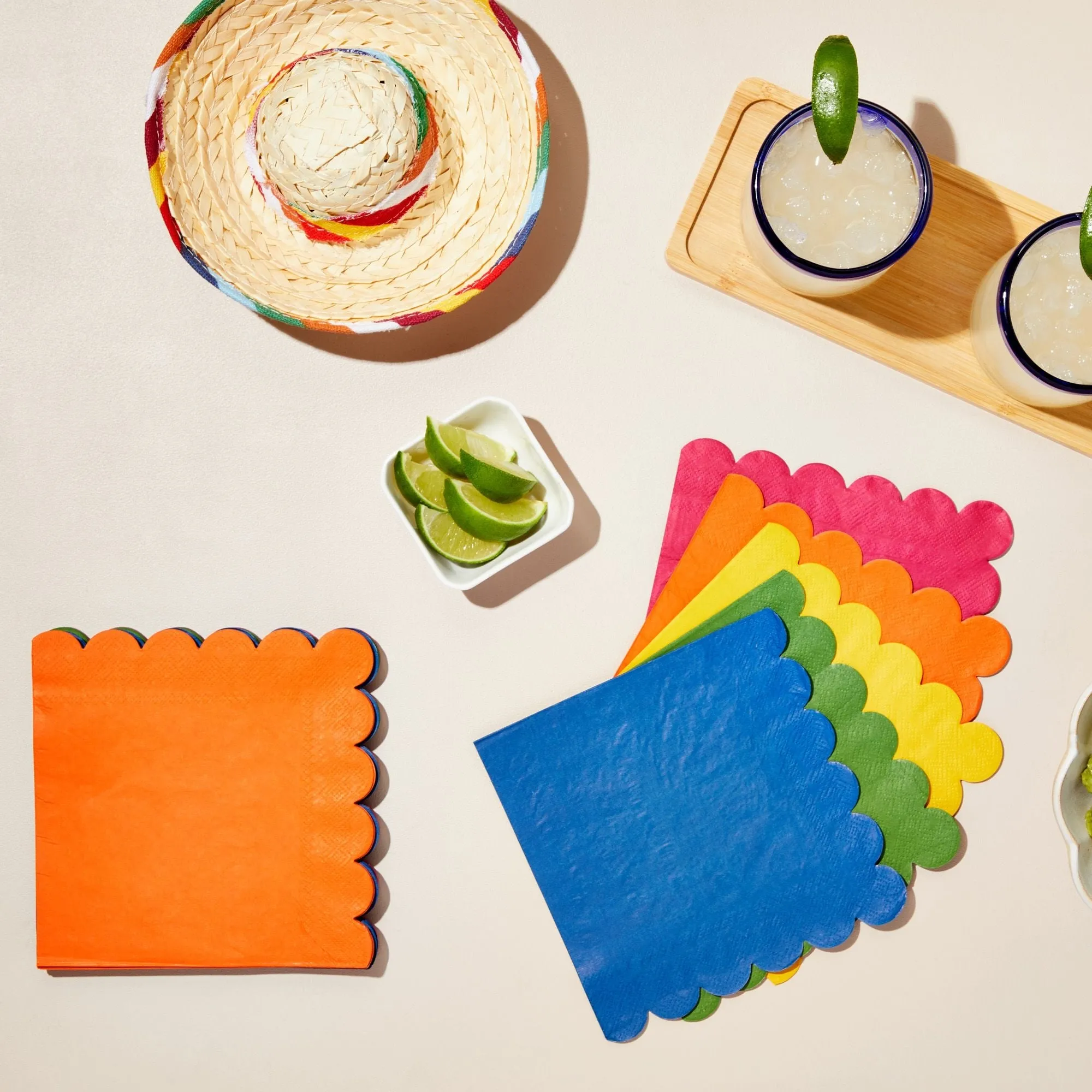 150 Pack Rainbow Colored Scalloped Napkins for Fall, Fiesta, Birthday Parties (6.5 x 6.5 In, 5 Colors)