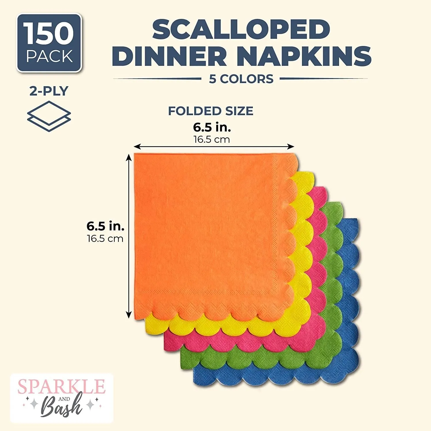 150 Pack Rainbow Colored Scalloped Napkins for Fall, Fiesta, Birthday Parties (6.5 x 6.5 In, 5 Colors)