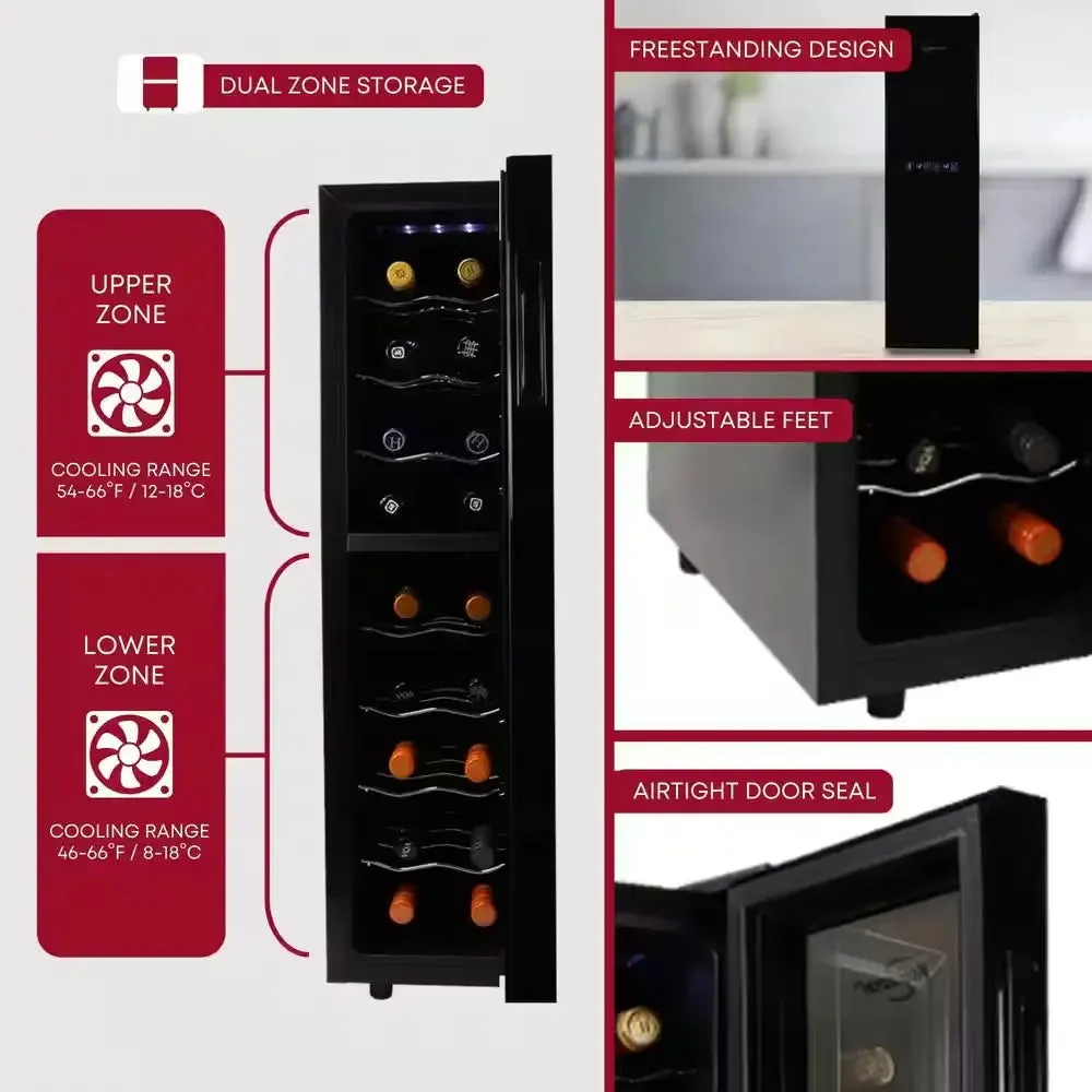 18 Bottle Slim Dual Zone Wine Cooler, Black, 1.9 Cu. Ft. (53L) Freestanding Wine Fridge