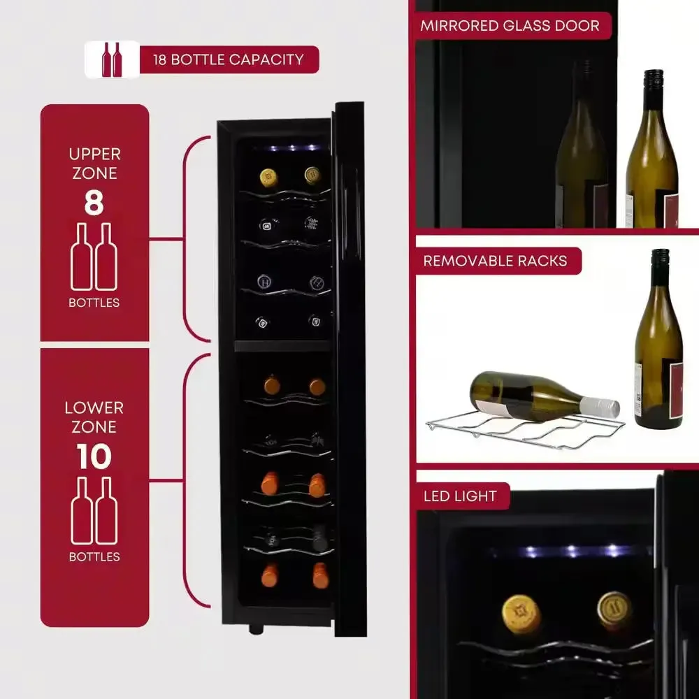 18 Bottle Slim Dual Zone Wine Cooler, Black, 1.9 Cu. Ft. (53L) Freestanding Wine Fridge
