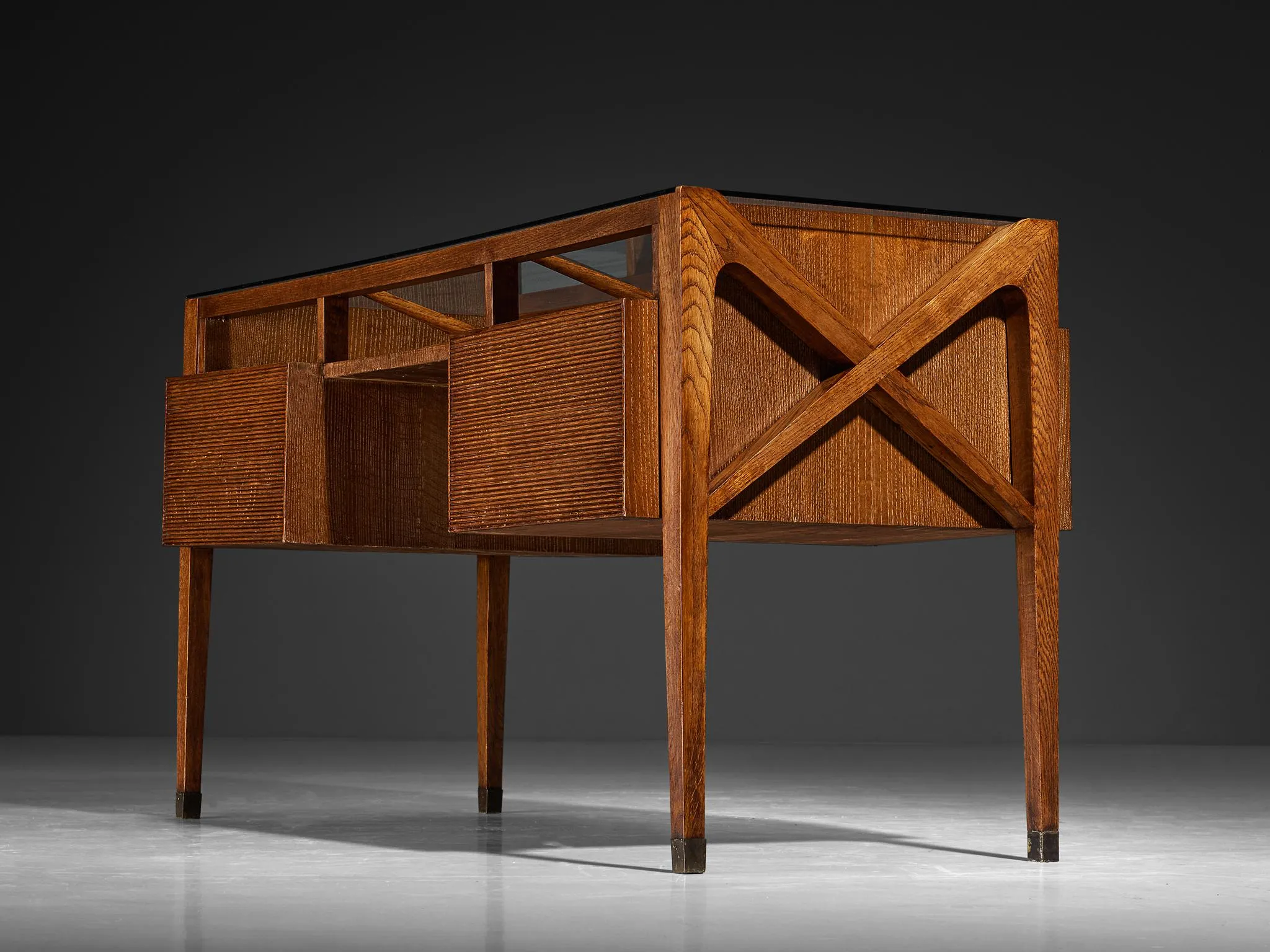1940s Italian Art Deco Desk with Grissinato Carvings in Oak Brass Glass