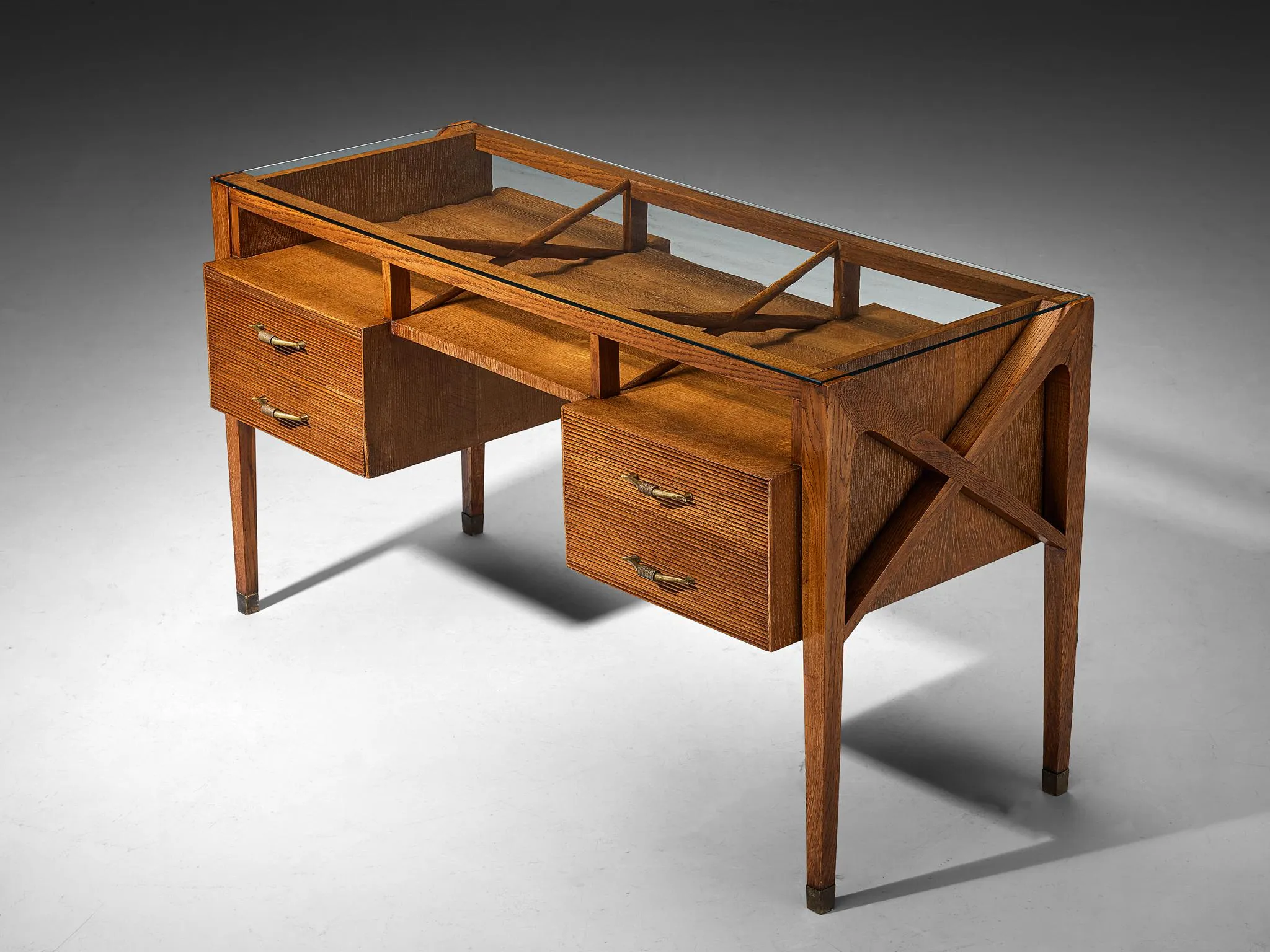 1940s Italian Art Deco Desk with Grissinato Carvings in Oak Brass Glass
