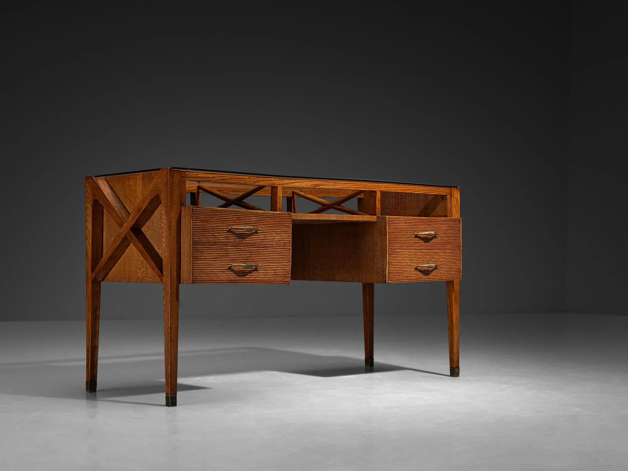 1940s Italian Art Deco Desk with Grissinato Carvings in Oak Brass Glass