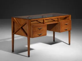 1940s Italian Art Deco Desk with Grissinato Carvings in Oak Brass Glass