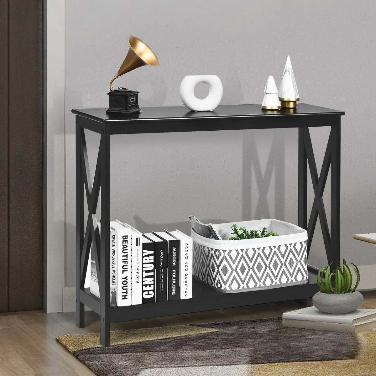 2-Tier X-Design Side Accent Table - Black