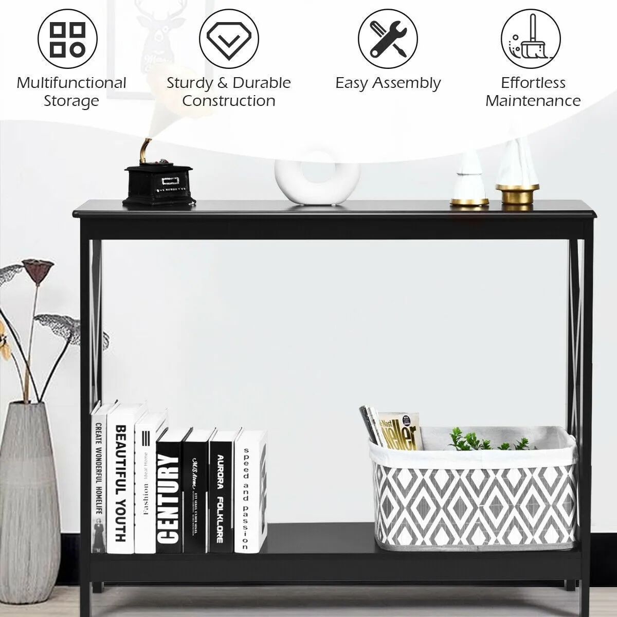 2-Tier X-Design Side Accent Table - Black