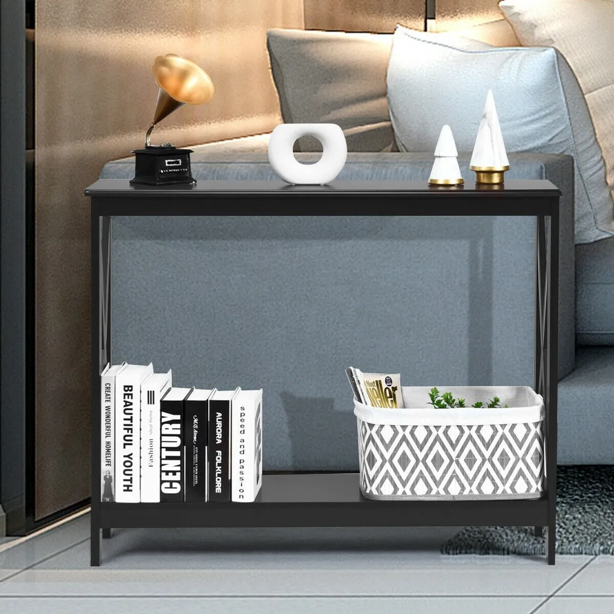 2-Tier X-Design Side Accent Table - Black