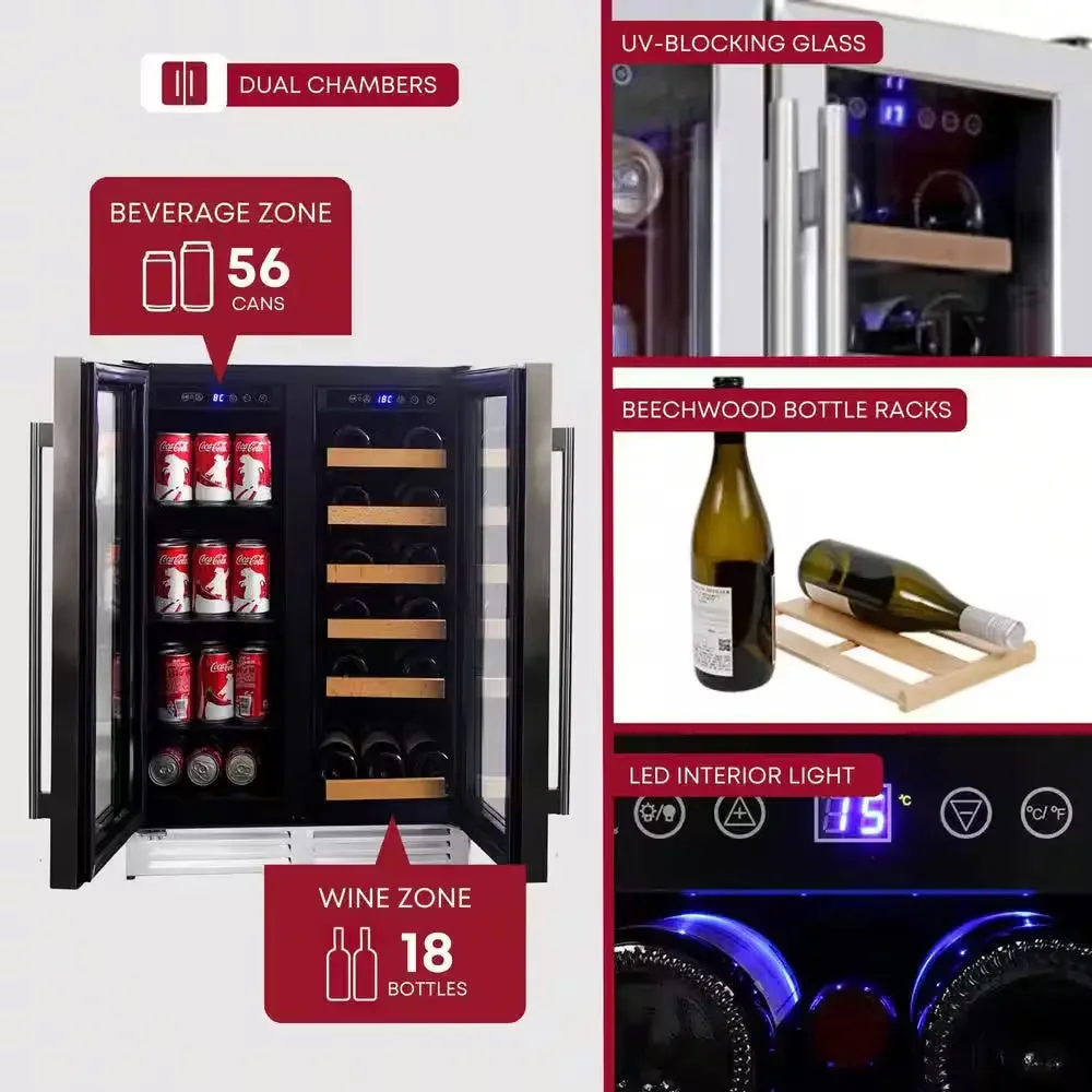 24 In. Built-In Dual Zone Wine and Beverage Fridge with Lock, 56 Can and 18 Bottle Capacity