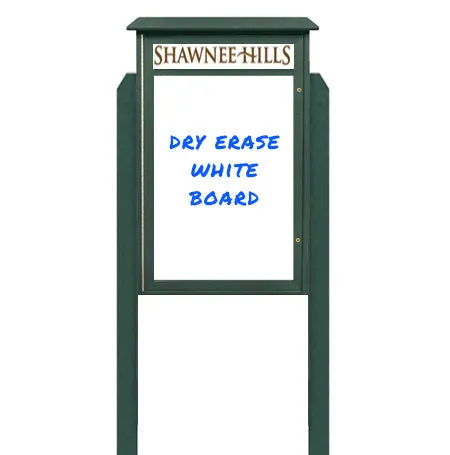 26" x 42" Standing Outdoor Message Center Magnetic White Dry Erase Board with Header (Single Door)