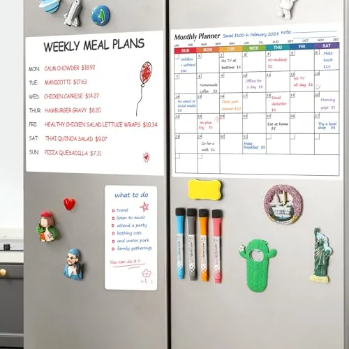 3 Pack Dry Erase Magnetic Calendar Whiteboard for Refrigerator - Monthly Calendar  Large Blank White Board   Small Blank Daily Planner Board - Magnet Family Planning Schedule Board for Fridge, 14"x11"