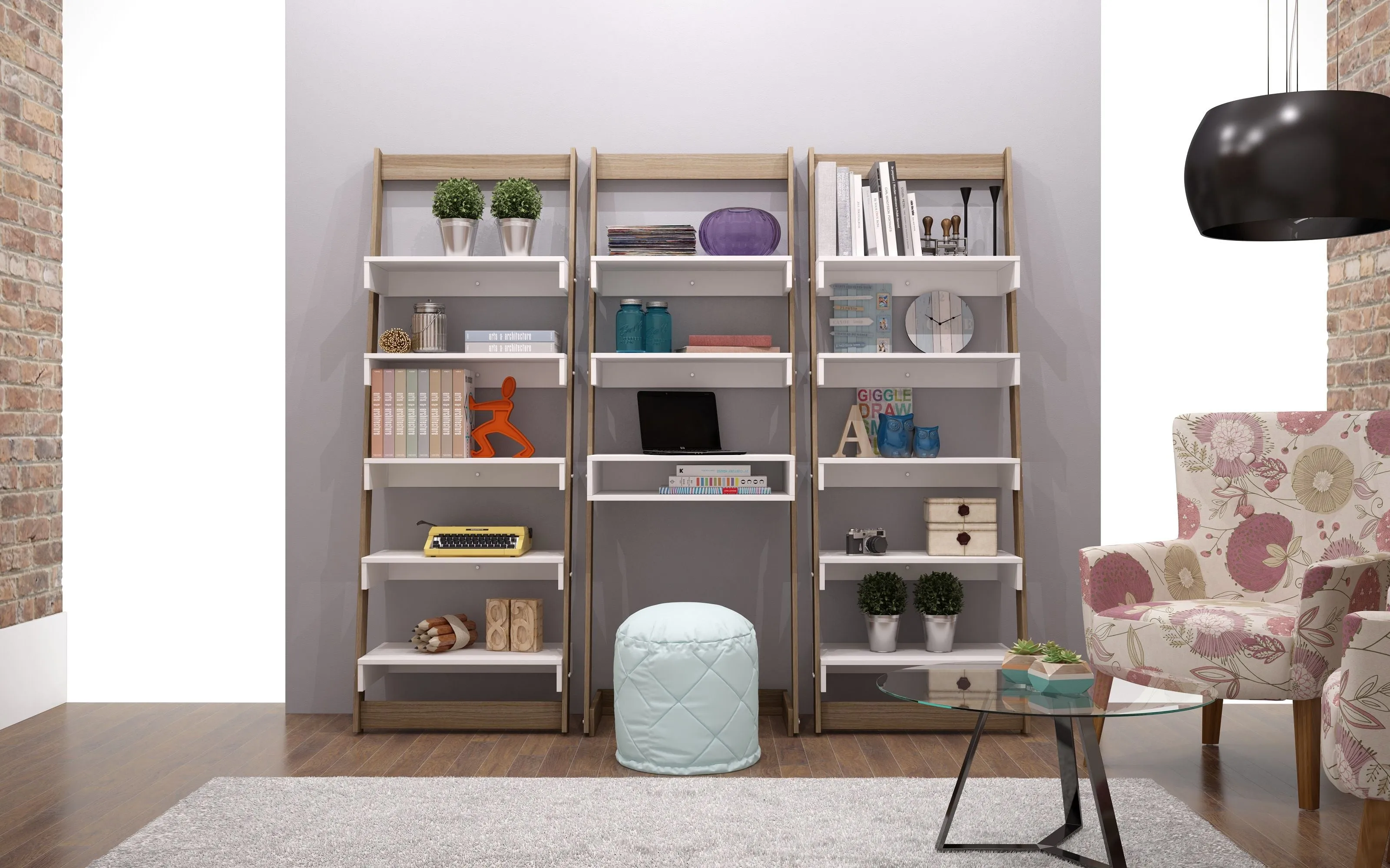 3 Piece Carpina Home Floating Ladder Shelf Office Desk in Oak and White