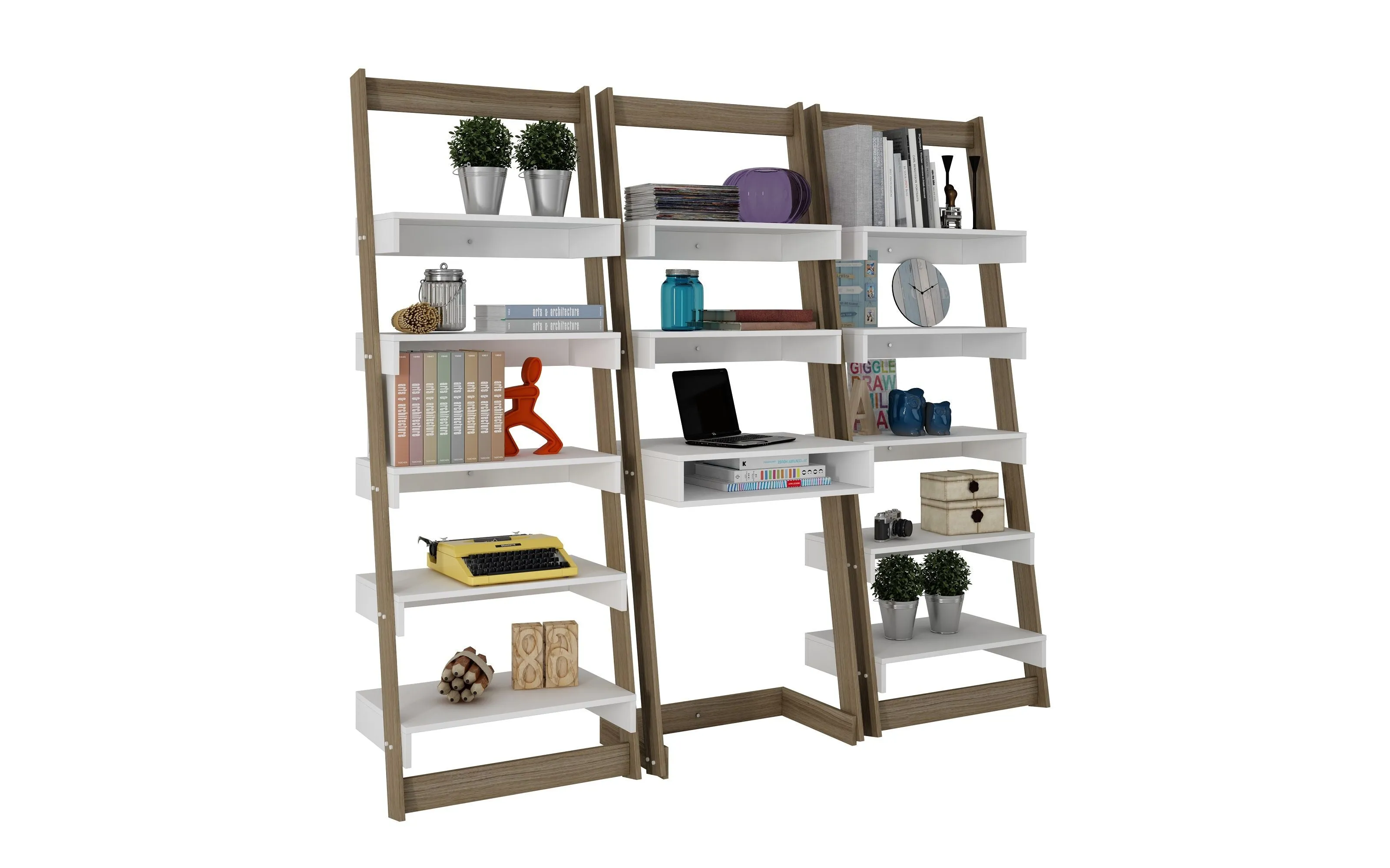 3 Piece Carpina Home Floating Ladder Shelf Office Desk in Oak and White
