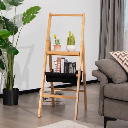3 Step Foldable Bamboo Step Ladder Stool with Tool Storage Bag-Natural