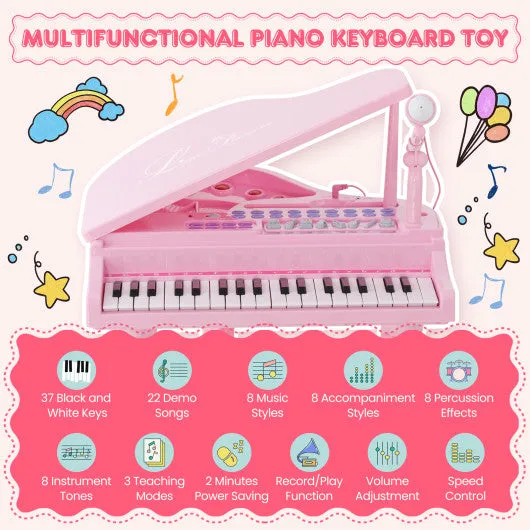 37 Keys Kids Piano Keyboard with Stool and Piano Lid-Pink