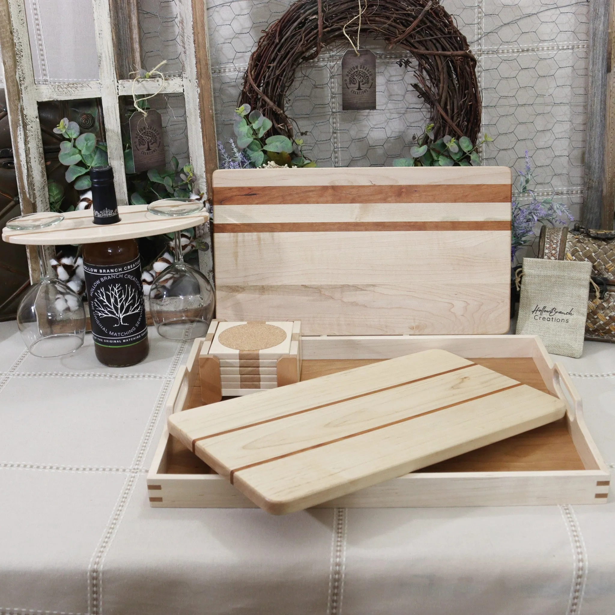 4-PC Maple Wood Set:  Tray, Cutting Board, Wine Carrier & Coaster Set