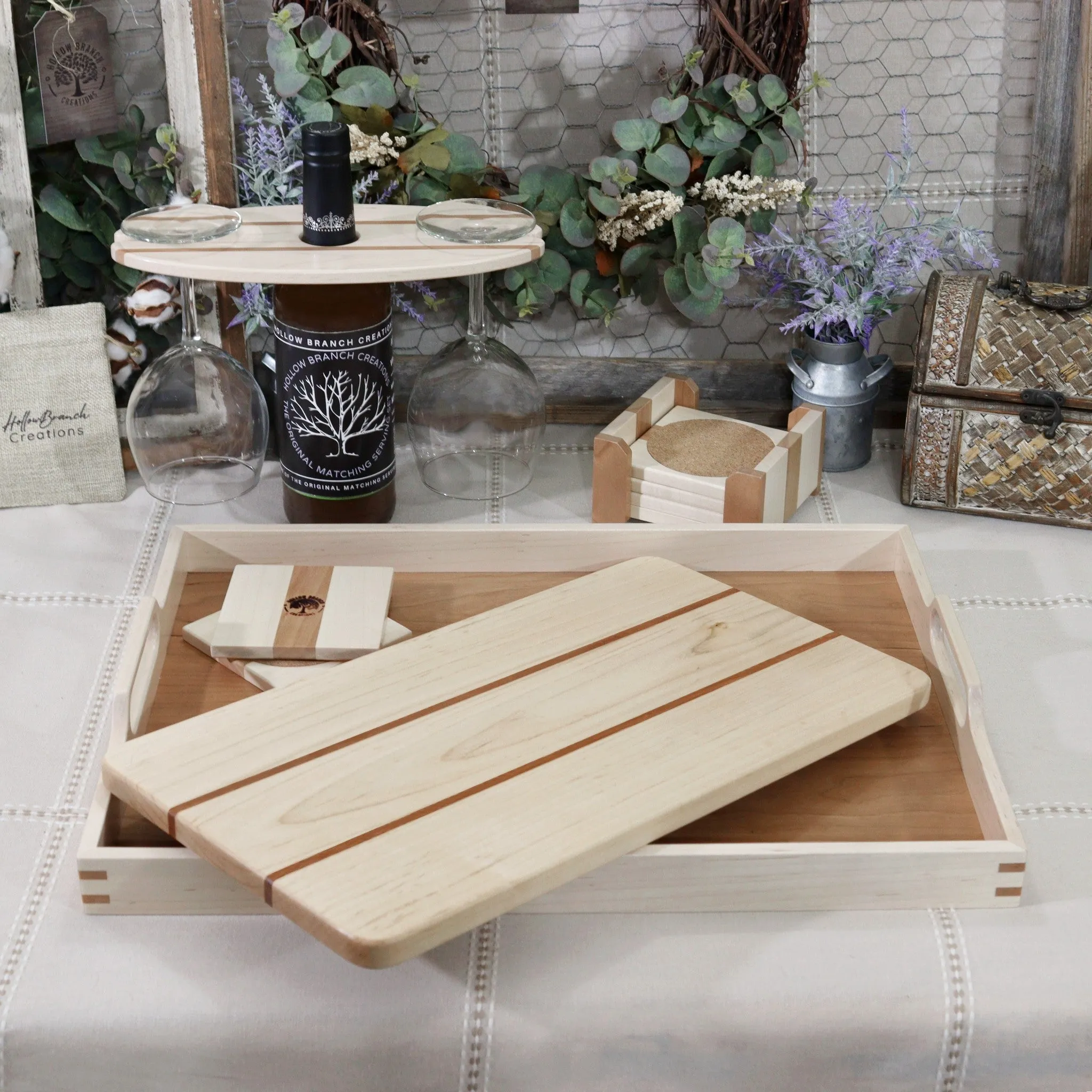 4-PC Maple Wood Set:  Tray, Cutting Board, Wine Carrier & Coaster Set