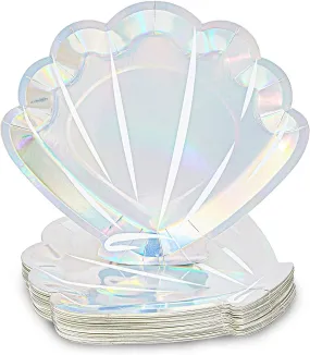 48 Pack Holographic Seashell Plates for Girls Mermaid Birthday Party Supplies, Silver Foil Design (9 In)