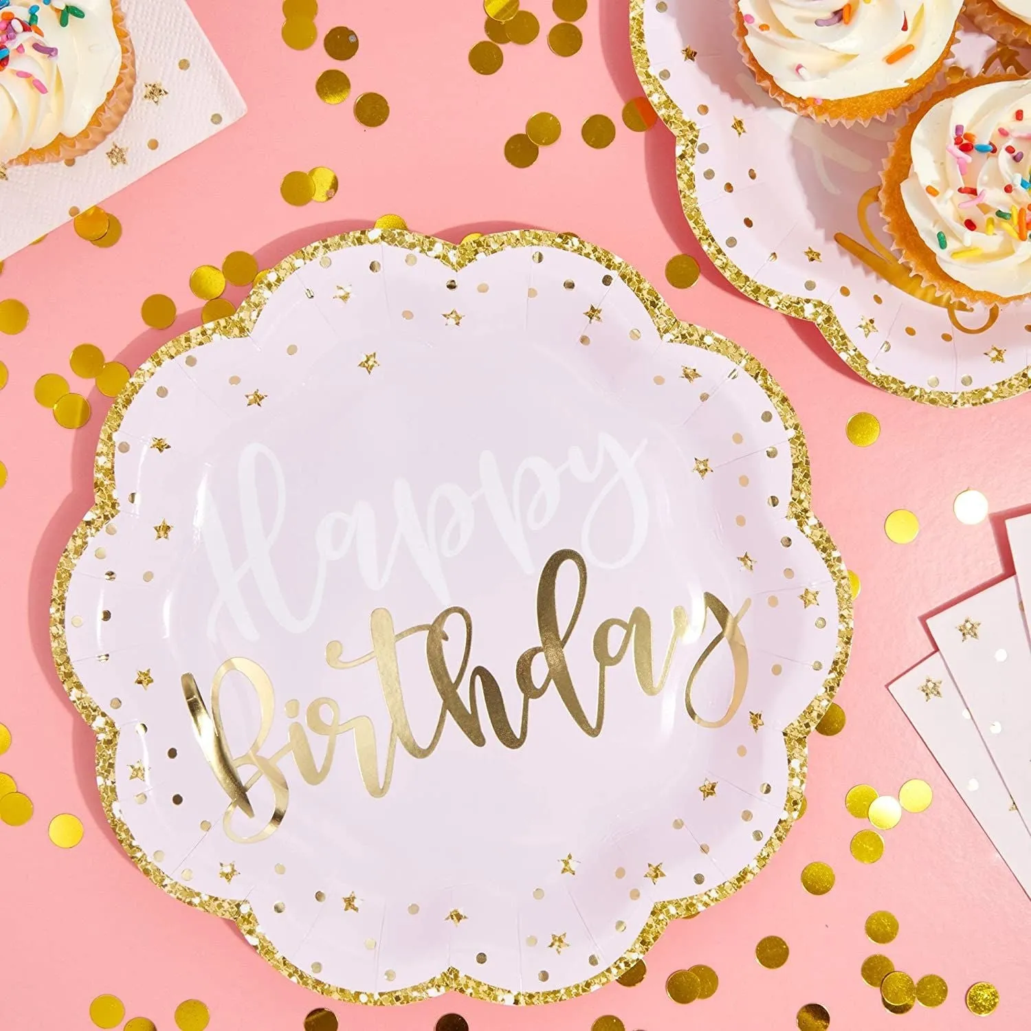 48 Pack Pink Happy Birthday Party Paper Plates with Gold Glitter Edges (9 In)