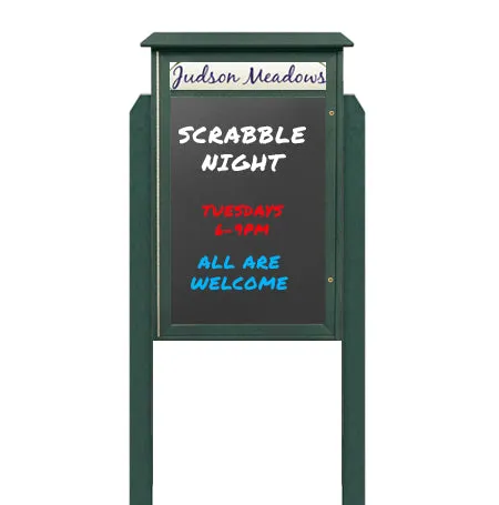 48" x 48" Standing Outdoor Message Center Magnetic Black Dry Erase Board with Header (Single Door)
