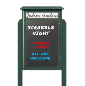 48" x 48" Standing Outdoor Message Center Magnetic Black Dry Erase Board with Header (Single Door)