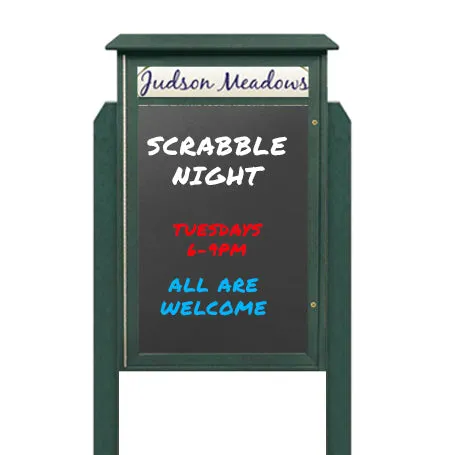 48" x 48" Standing Outdoor Message Center Magnetic Black Dry Erase Board with Header (Single Door)