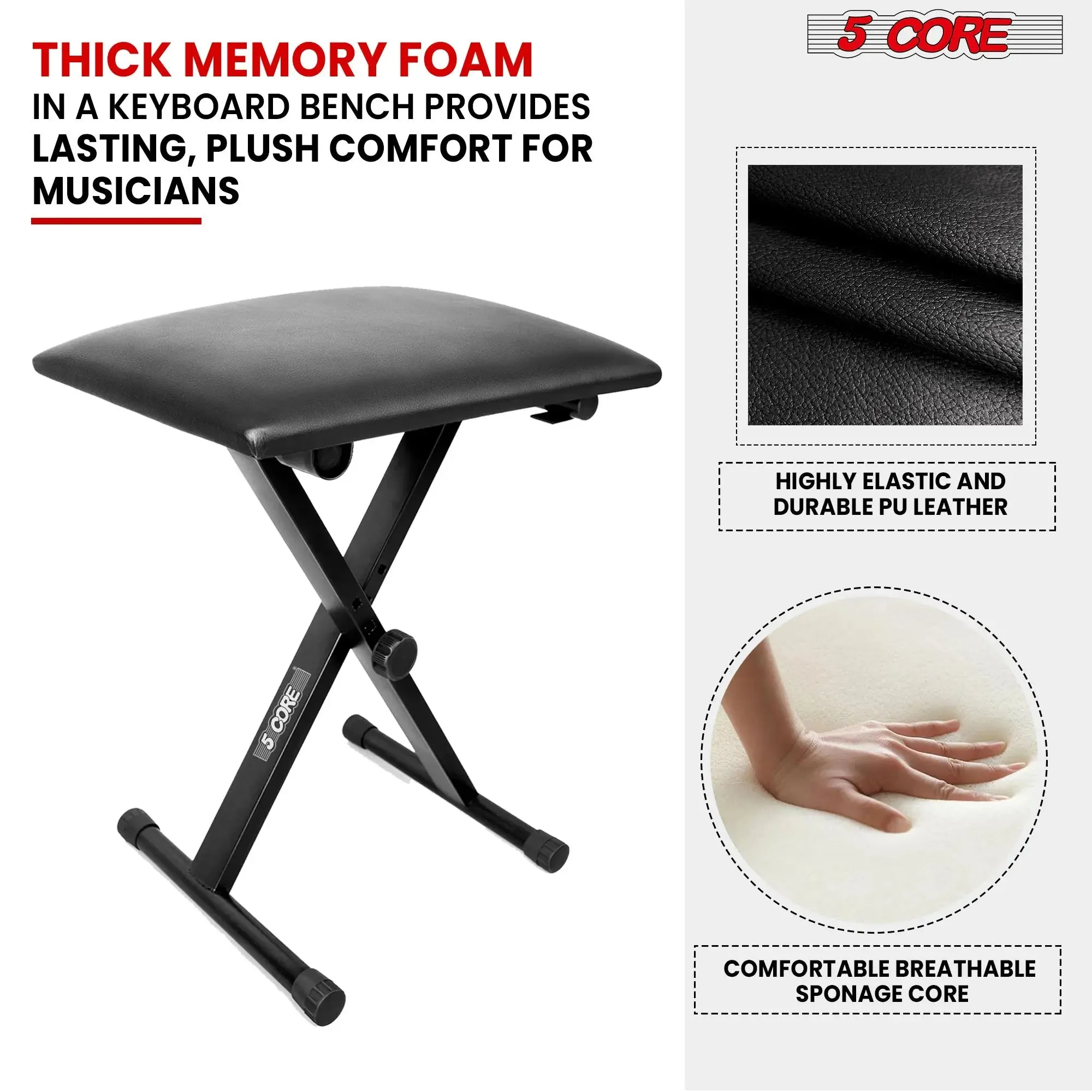 5 Core Keyboard Bench - Thick Padded 12 to 18.5 inch
