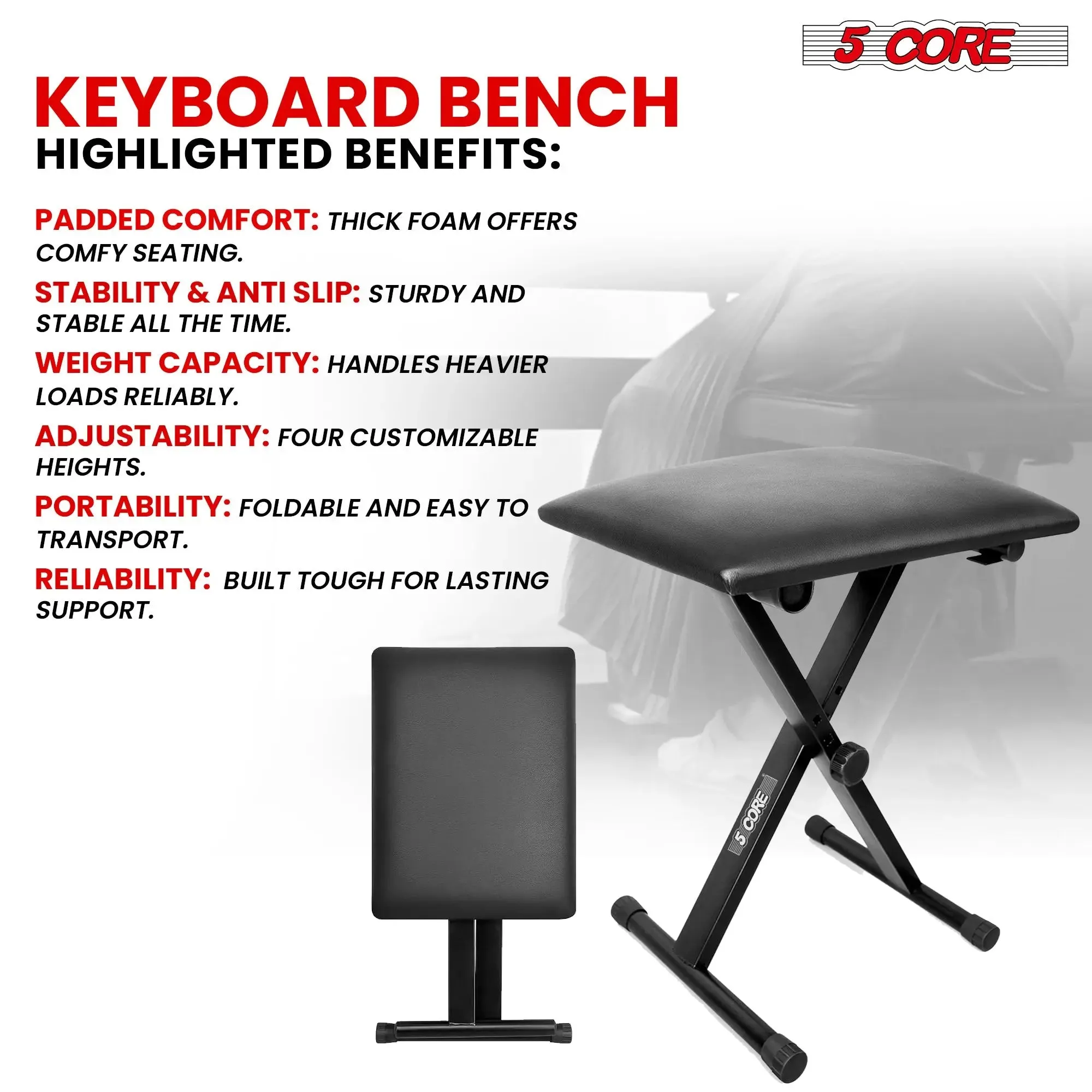 5 Core Keyboard Bench - Thick Padded 12 to 18.5 inch