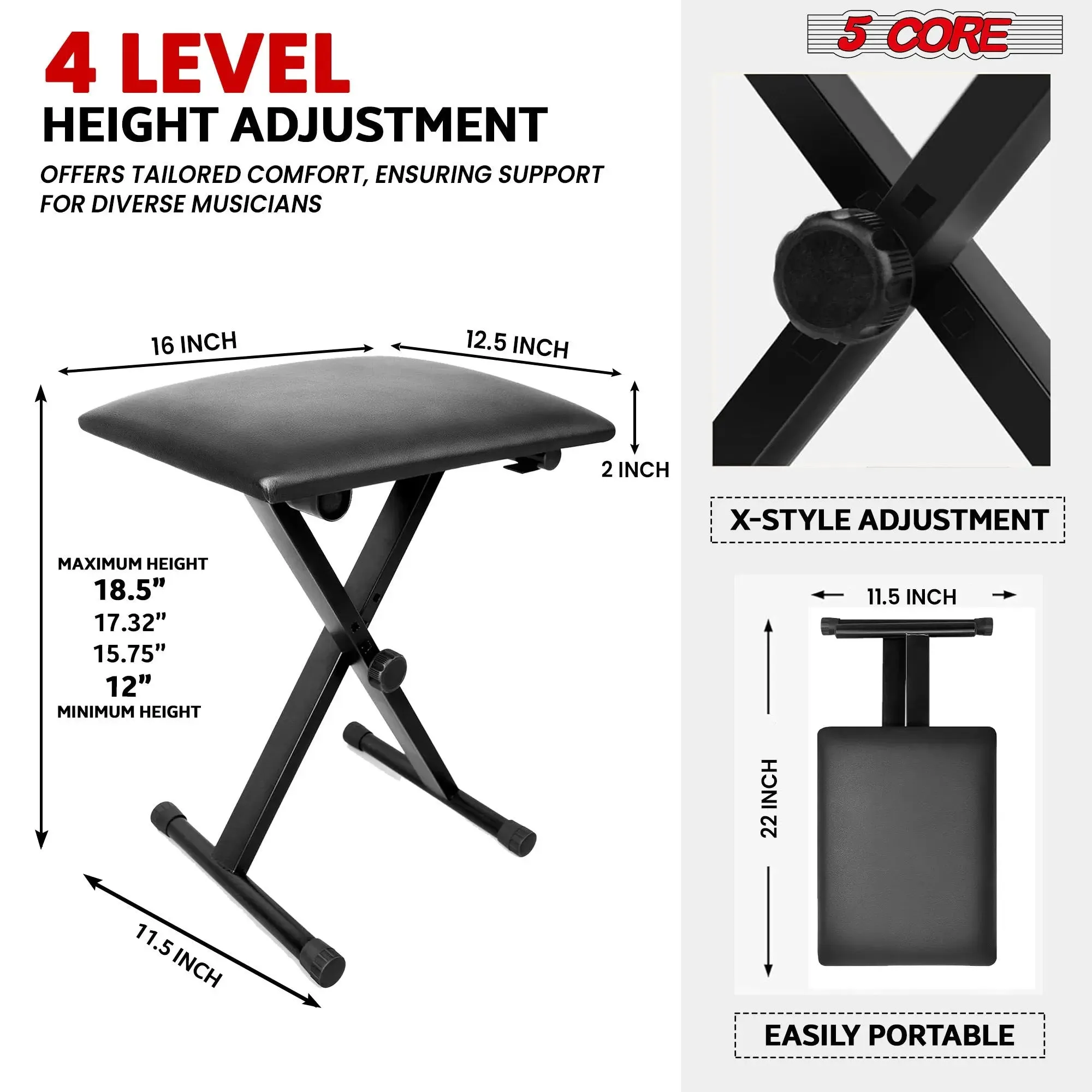 5 Core Keyboard Bench - Thick Padded 12 to 18.5 inch