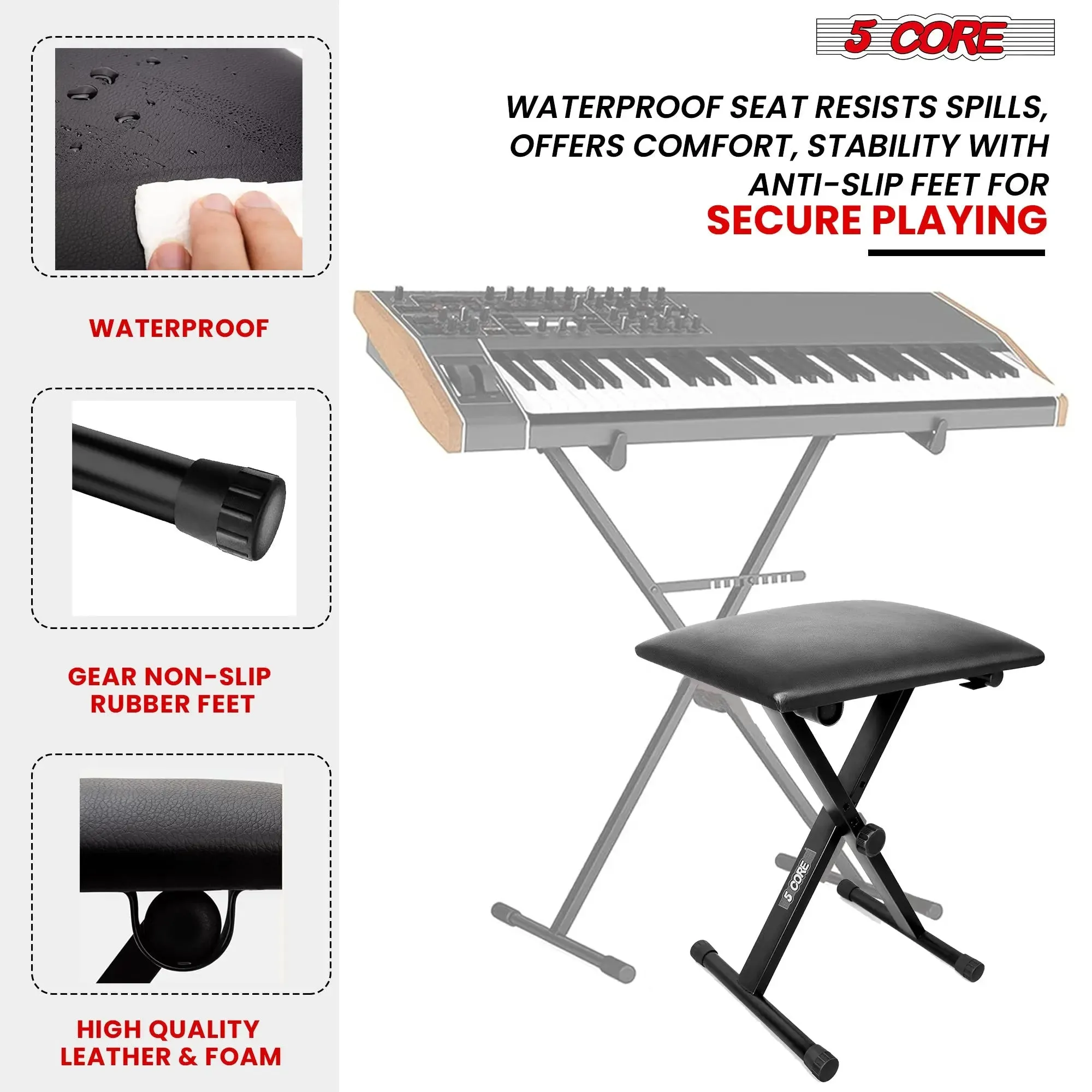 5 Core Keyboard Bench - Thick Padded 12 to 18.5 inch