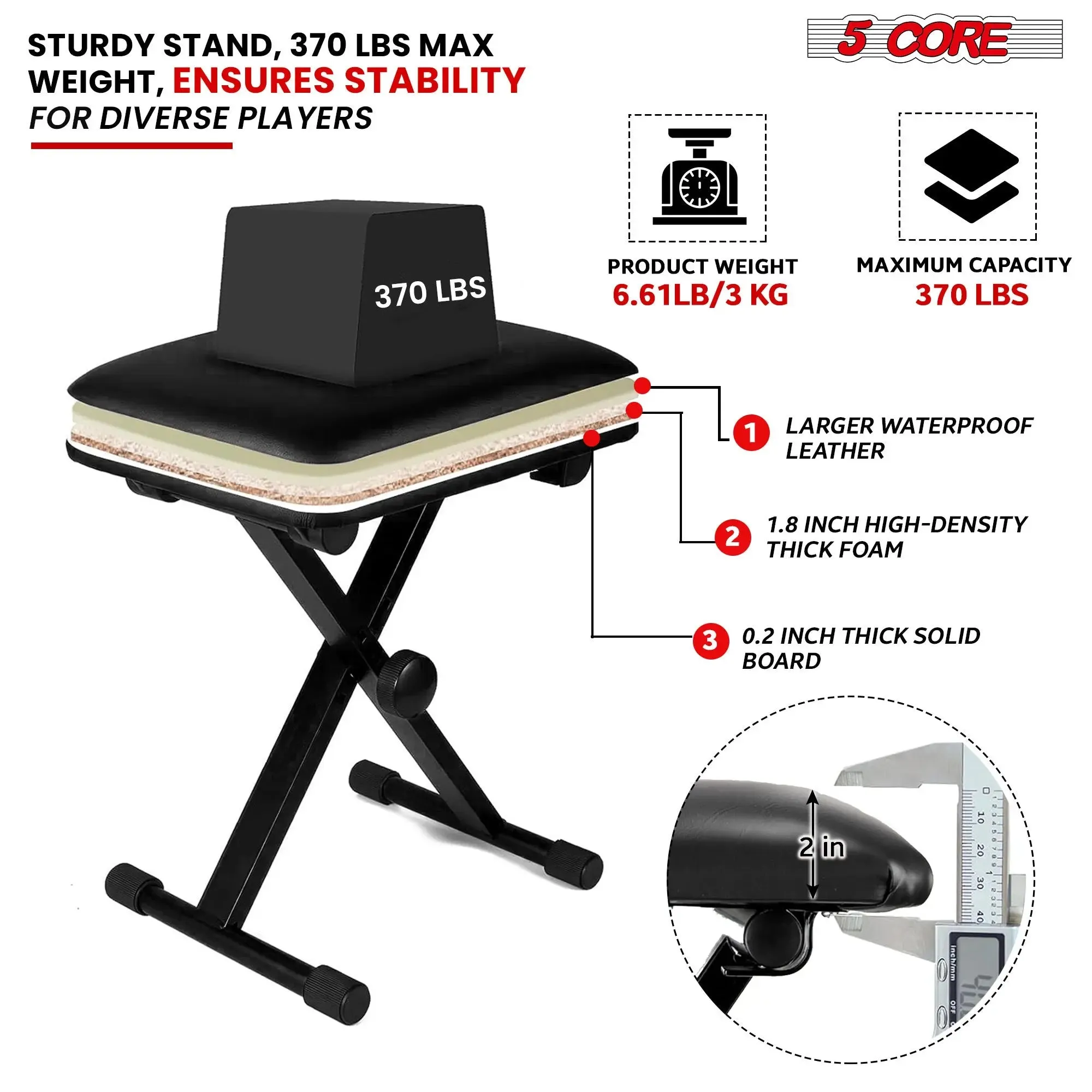 5 Core Keyboard Bench - Thick Padded 12 to 18.5 inch