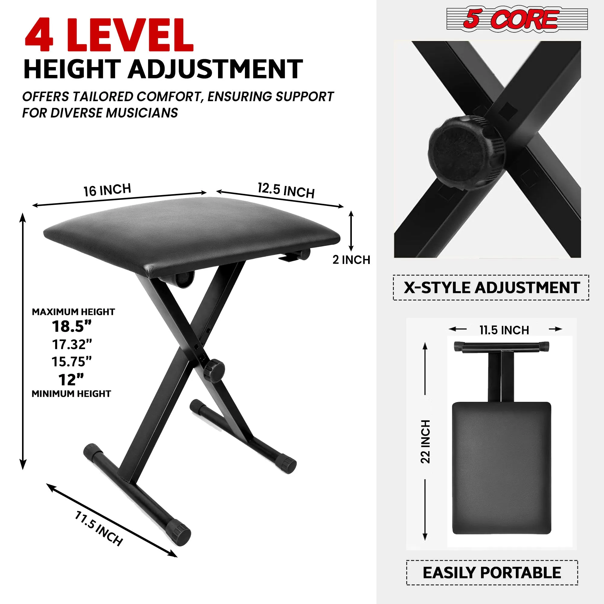 5Core Keyboard Stand Double X Style Adjustable Piano Riser   Keyboard Piano Bench