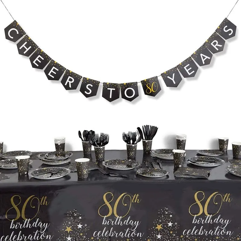 80th Birthday Party Pack, Dinnerware Set and Banner (Serves 24, 171 Pieces)