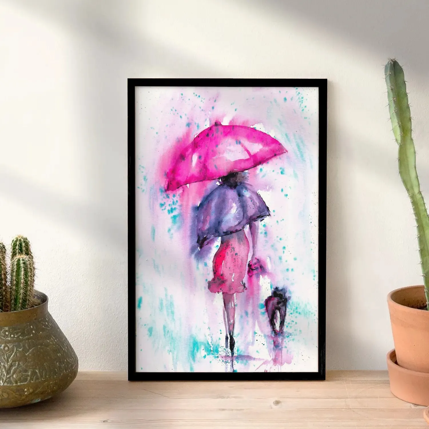 A Girl With Umbrella Pink Colour Artwork