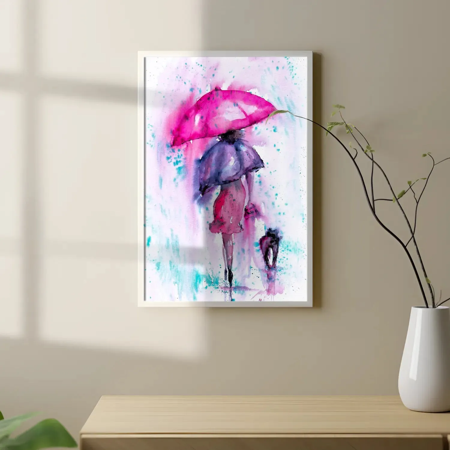 A Girl With Umbrella Pink Colour Artwork