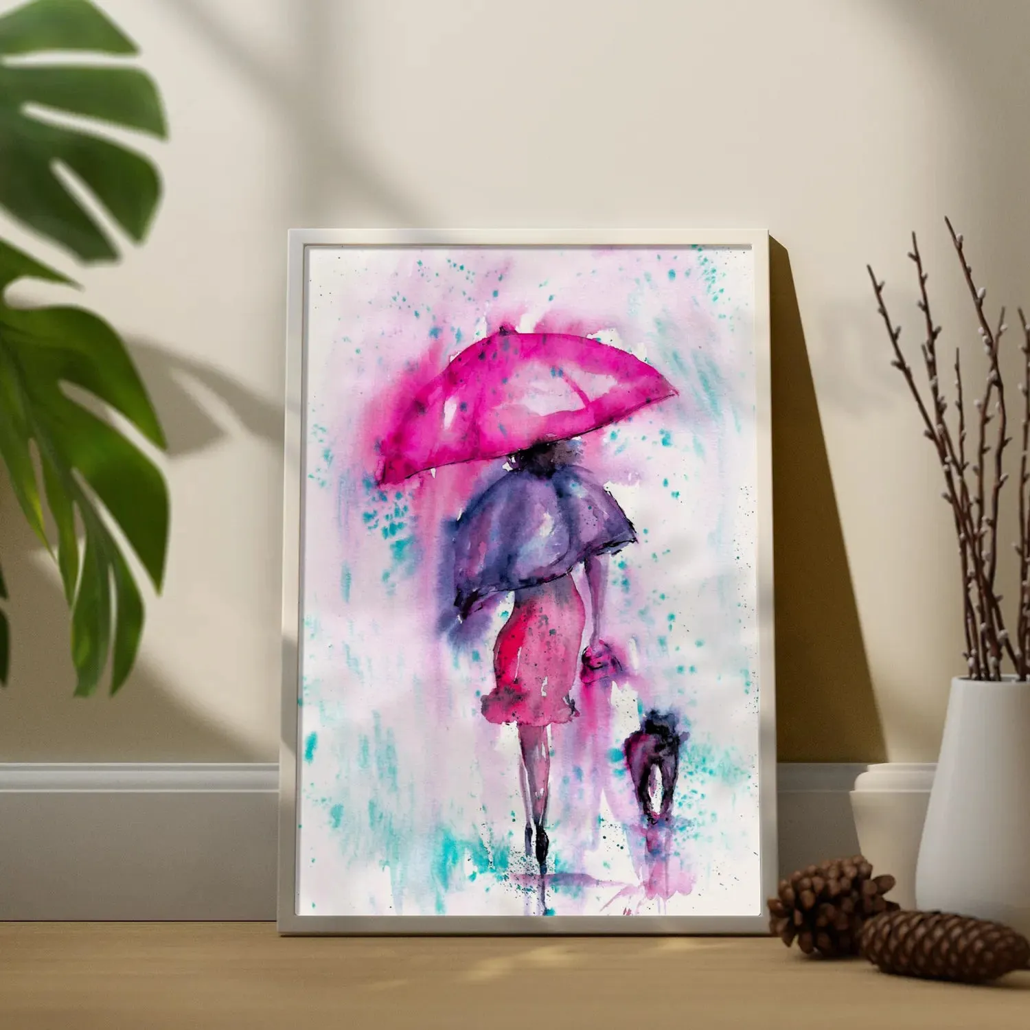 A Girl With Umbrella Pink Colour Artwork