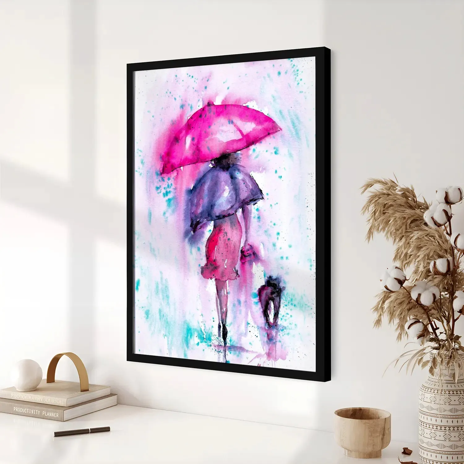 A Girl With Umbrella Pink Colour Artwork