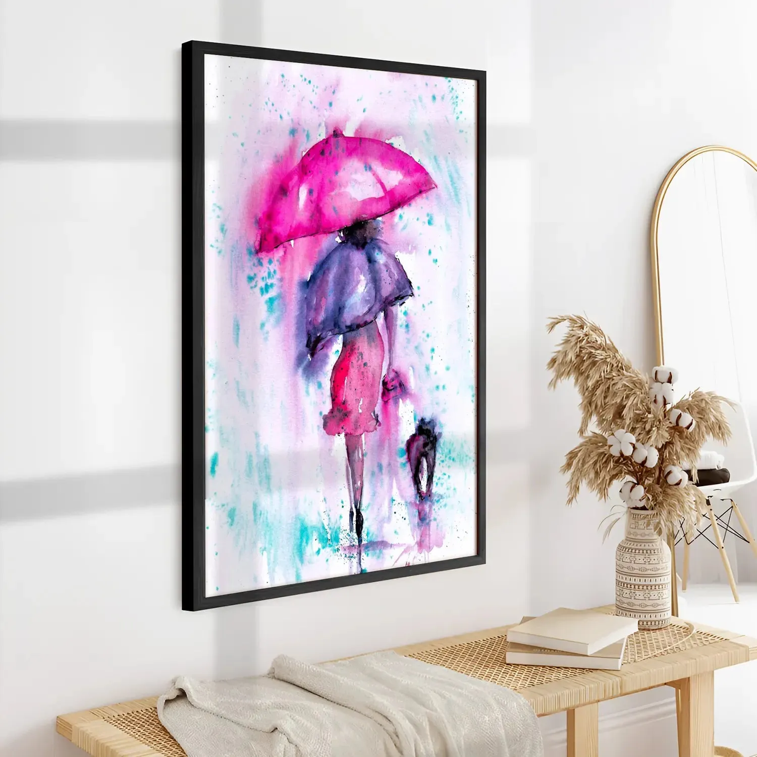 A Girl With Umbrella Pink Colour Artwork