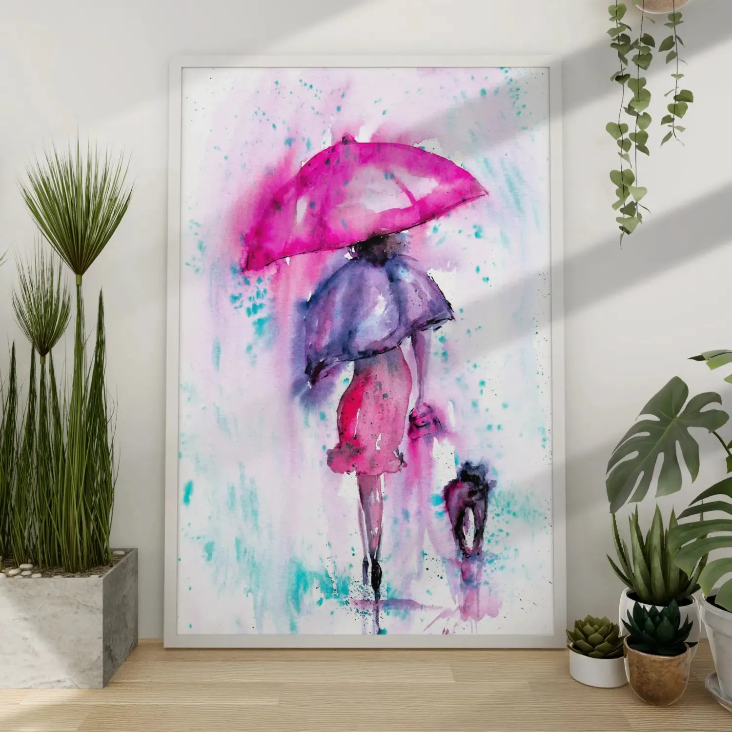 A Girl With Umbrella Pink Colour Artwork