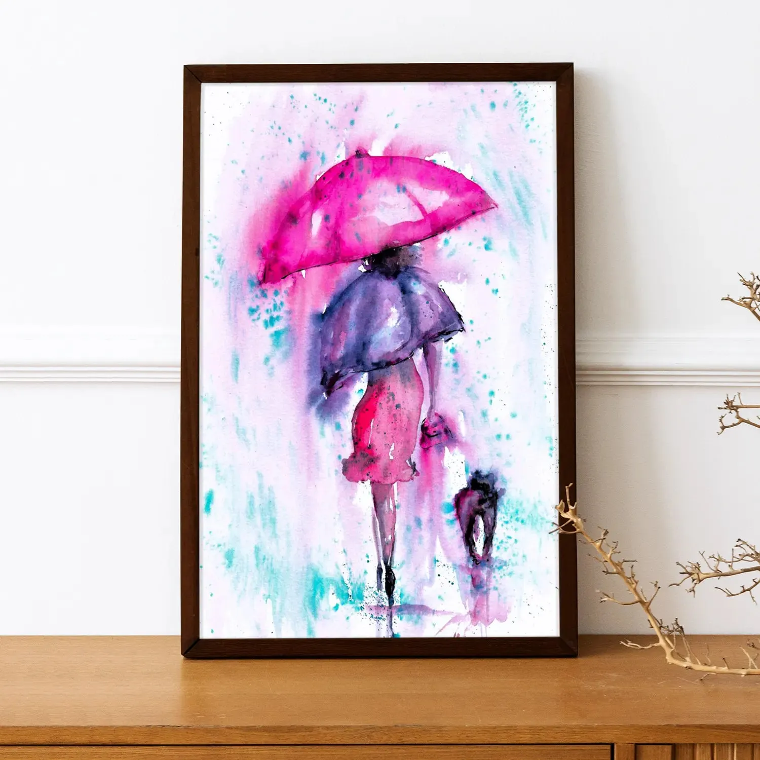 A Girl With Umbrella Pink Colour Artwork