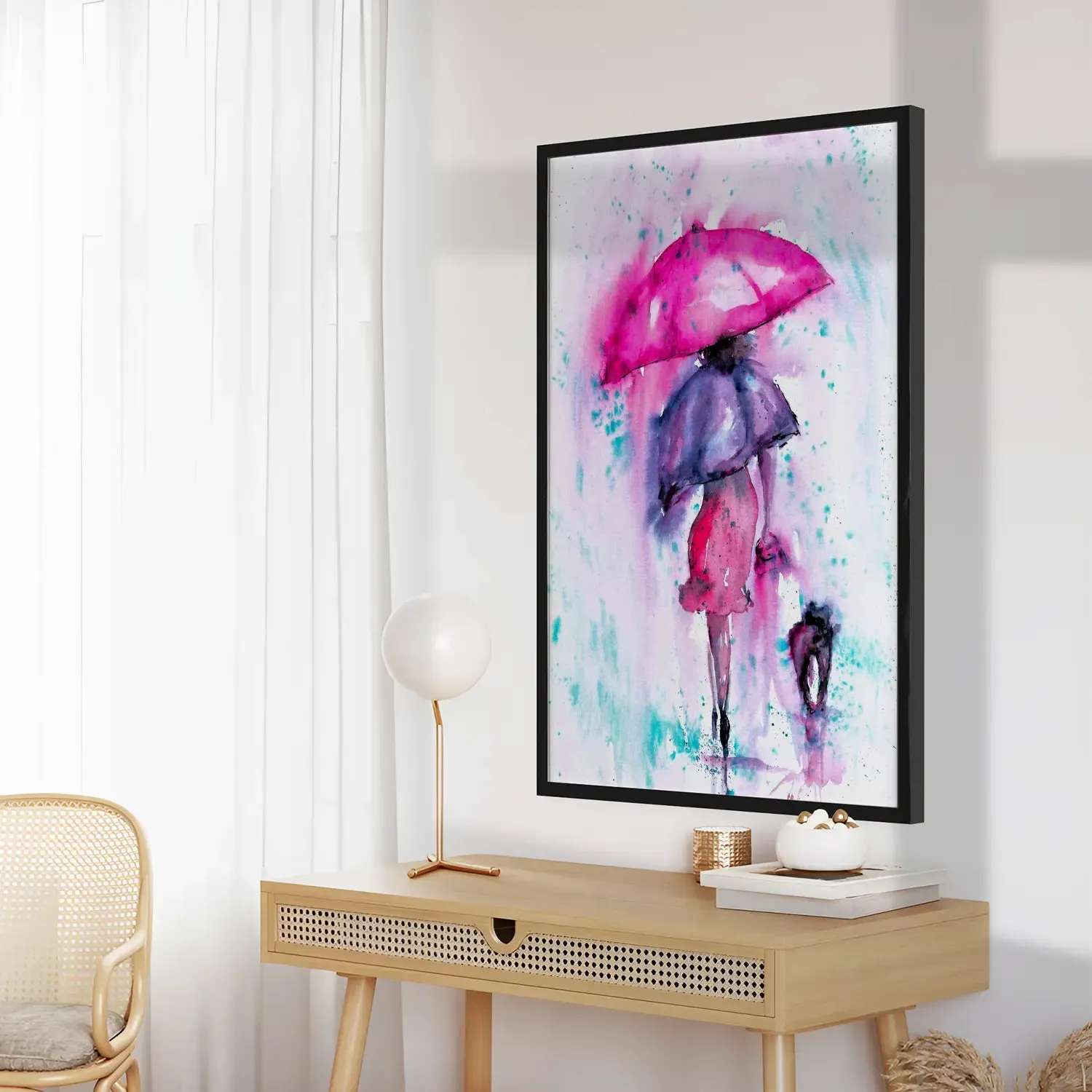 A Girl With Umbrella Pink Colour Artwork
