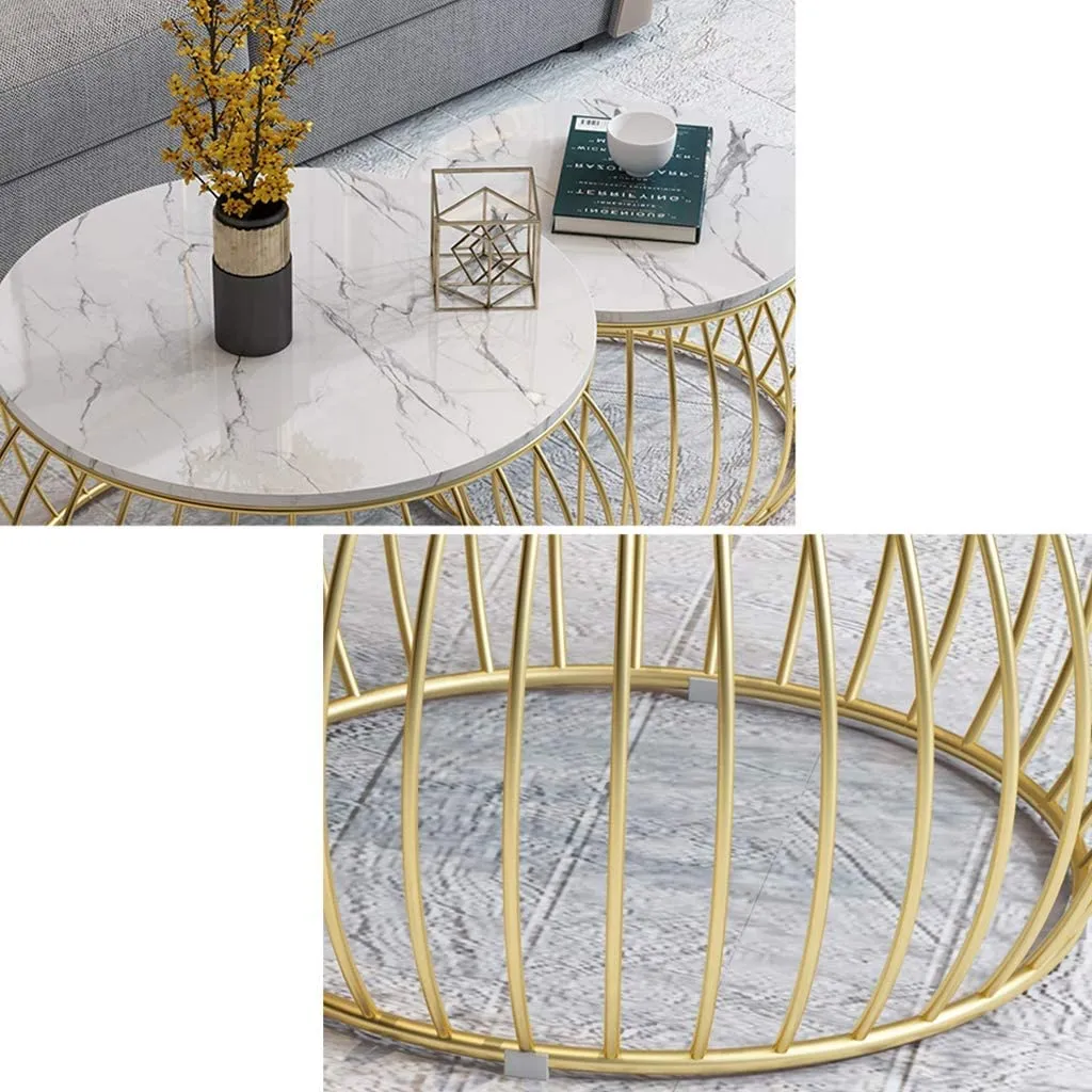 AAFIYA HANDICRAFTS Set of 2 Elegant Round Coffee Table Home Nesting Tables Tea Table Water-proof Table Top Marble Finish (Gold-Black)