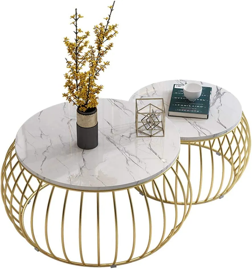 AAFIYA HANDICRAFTS Set of 2 Elegant Round Coffee Table Home Nesting Tables Tea Table Water-proof Table Top Marble Finish (Gold-Black)