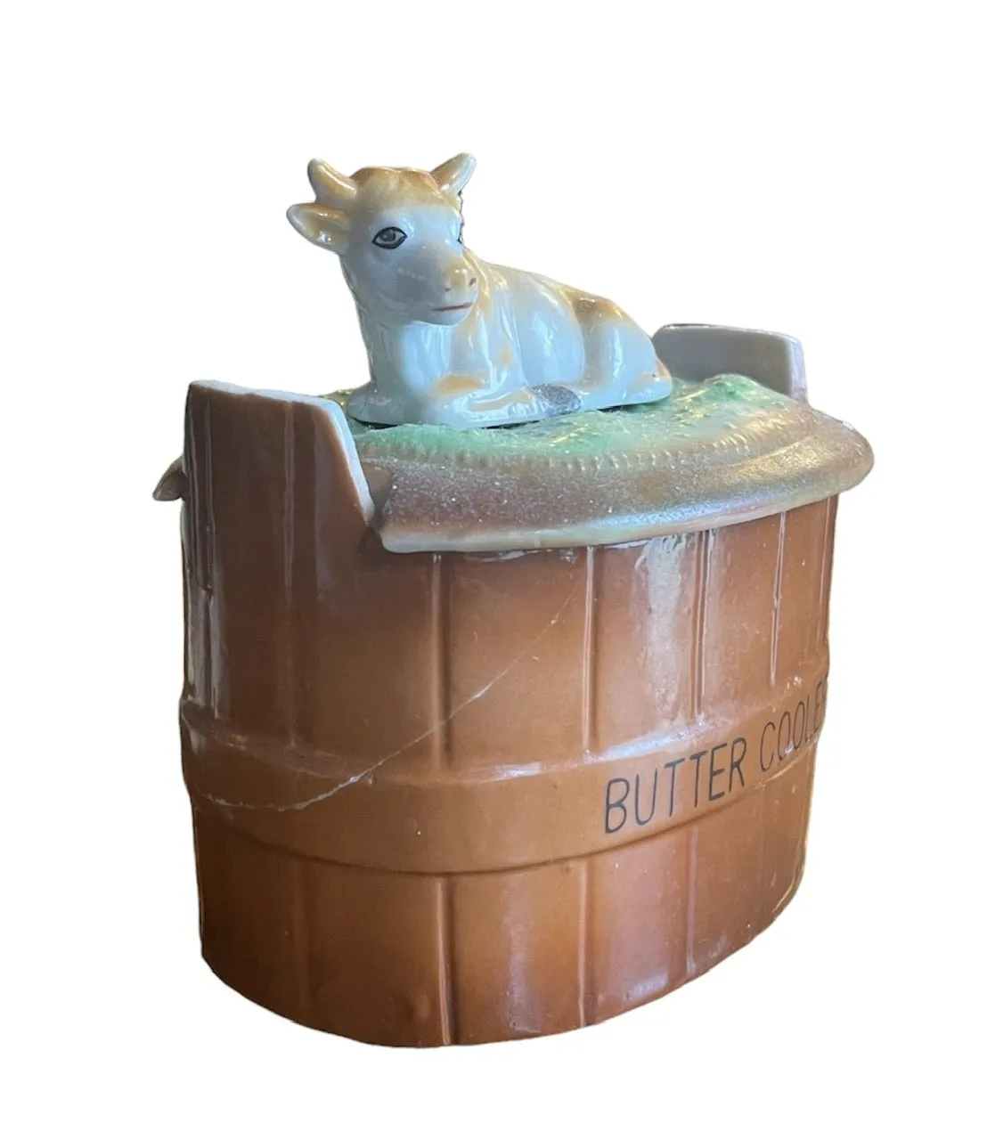 Antique Oval Butter Cooler Tub / Cheese Dish  w/ Resting Cow Lid Top